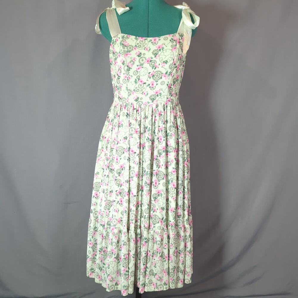 Hot Topic Steampunk Floral Clock Print Tie Strap Midi Dress Small
